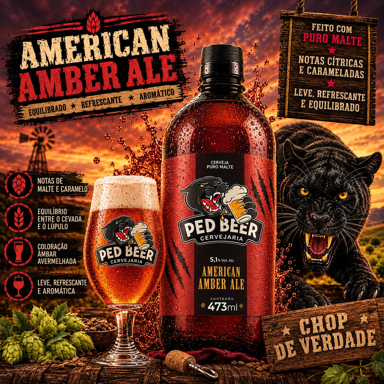 Arte da American Amber Ale Ped Beer: growler vermelho, taça âmbar e pantera ao pôr do sol
