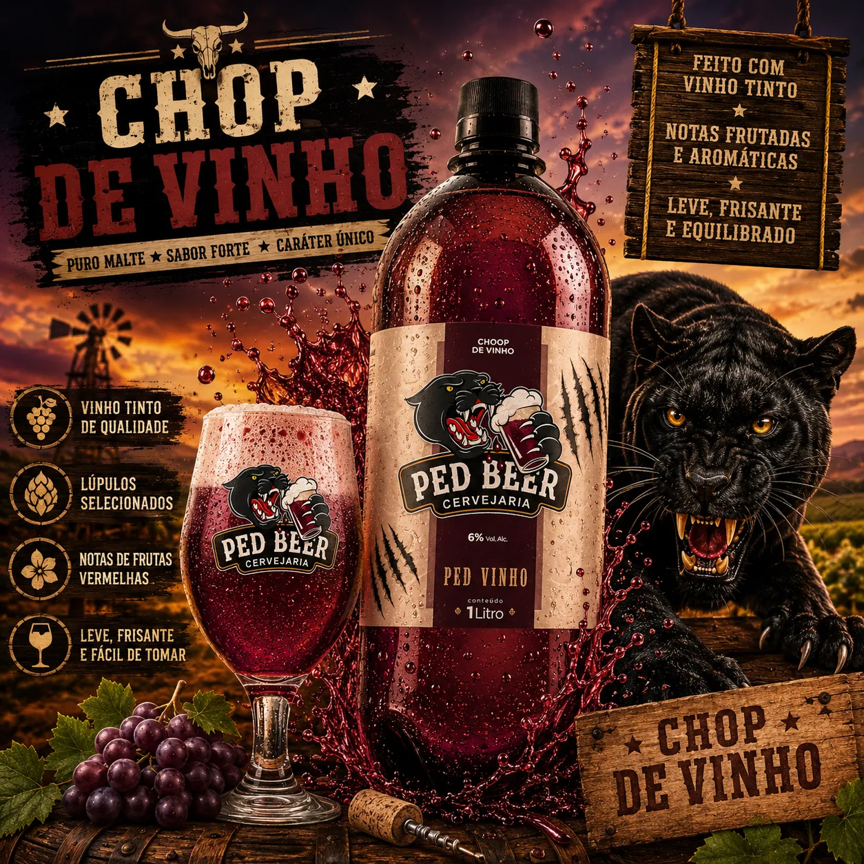 Arte do Chopp de Vinho Ped Beer: growler, taça de chope de vinho e uvas