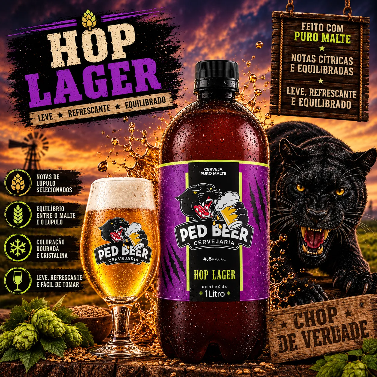 Arte da Hop Lager Ped Beer: growler roxo, taça dourada e pantera ao pôr do sol